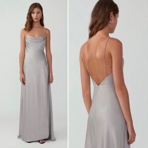 Fame & Partners Maxi Dress Gown Draped Satin Silver Evening Formal Bridesmaid 2
